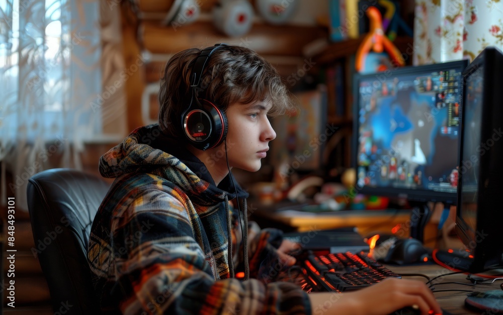 Teen Gamer Focused on Computer Screen. Teenager with headphones intensely focused on a computer game, showcasing dedication and immersion in a cozy room setting. Teen Gamer Focused on Computer Screen. Teenager with headphones intensely focused on a computer game, showcasing dedication and immersion in a cozy room setting.
