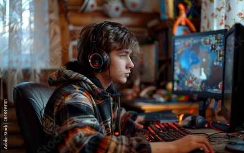 Teen Gamer Focused on Computer Screen. Teenager with headphones intensely focused on a computer game, showcasing dedication and immersion in a cozy room setting.