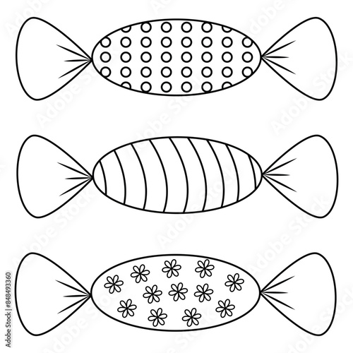 Black and white illustrations of candy. Outline colouring book. Candy icons. Can be used for animation.
