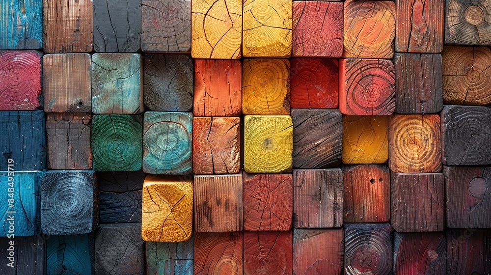 Multicolored wooden blocks in a grid pattern. Flat lay composition for background and design., colorful wooden background Multicolored wooden blocks in a grid pattern. Flat lay composition for background and design., colorful wooden background