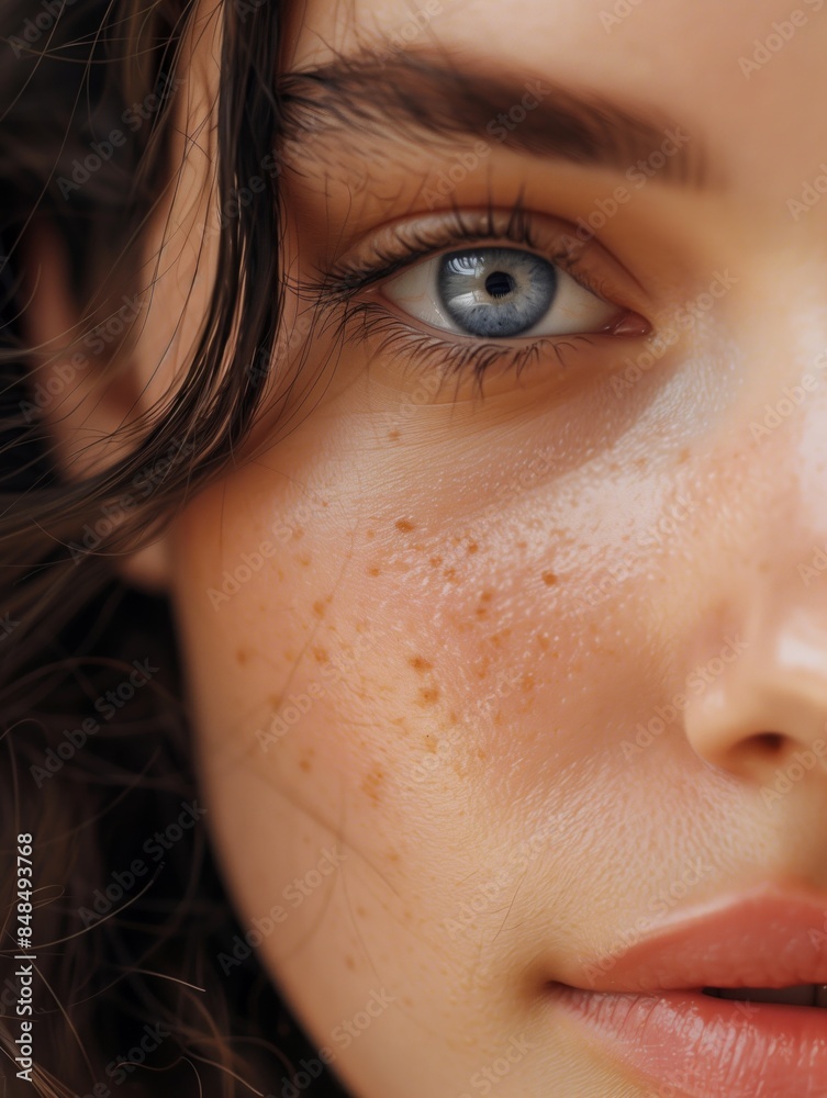 Fototapeta premium Studio closeup portrait of beautiful young woman with blue eyes 