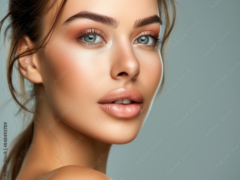 Fototapeta premium Studio closeup portrait of beautiful young woman with blue eyes 