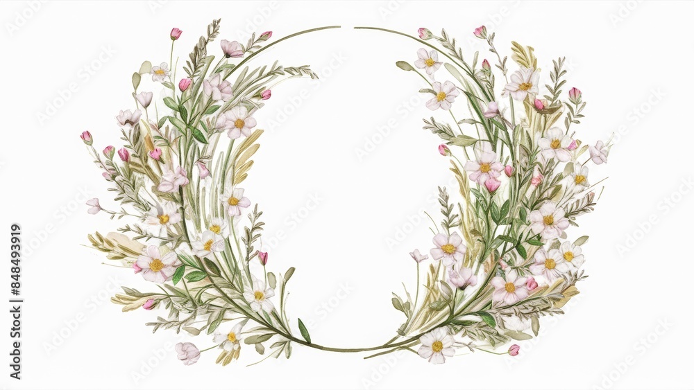 An illustration made of wildflowers, with delicate pink and white inflorescences with a place for text. An illustration made of wildflowers, with delicate pink and white inflorescences with a place for text.