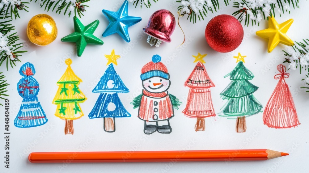 Colorful christmas drawing of trees and snowman with decorations and pine branches Colorful christmas drawing of trees and snowman with decorations and pine branches