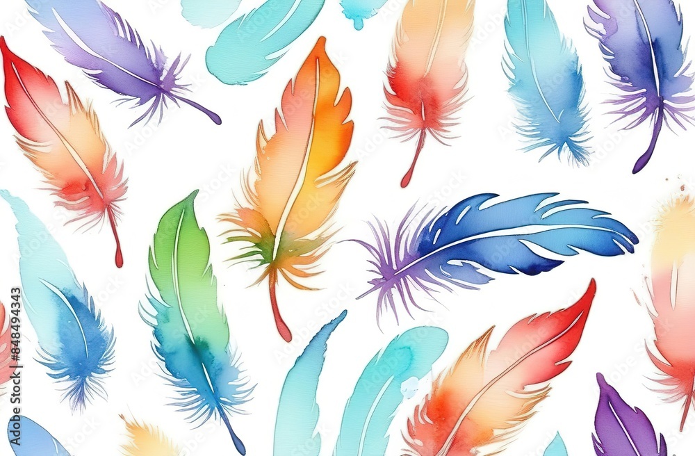 feathers of birds of different colors on a white background. Background ...