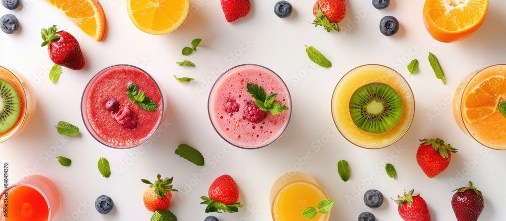 An artistic display featuring smoothies and fruits arranged in a creative layout on a white background, emphasizing a food concept with a flat lay perspective. An artistic display featuring smoothies and fruits arranged in a creative layout on a white background, emphasizing a food concept with a flat lay perspective.