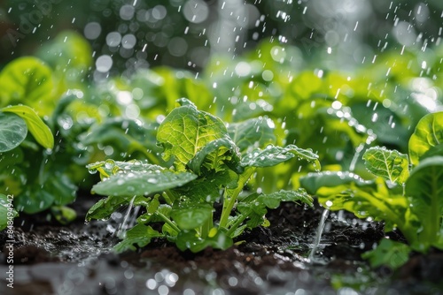 Sunlight and Rain Showering a Garden of Lush Green Spinach Plants