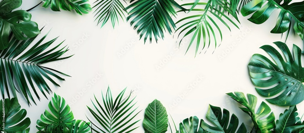 Banner design featuring a collection of tropical leaves set against a white backdrop. Banner design featuring a collection of tropical leaves set against a white backdrop.
