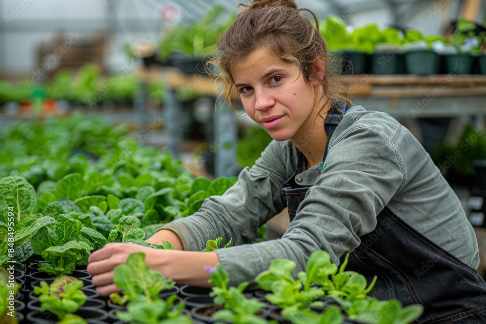 Gardener Examining Rows of Seedlings in a Greenhouse Gardener Examining Rows of Seedlings in a Greenhouse