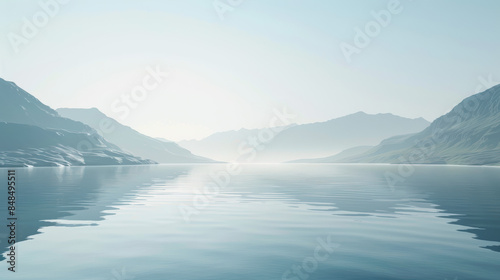 A peaceful lake surrounded by mountains photorealism, copy space, minimalism © Yuly
