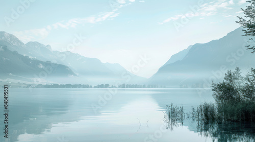 A peaceful lake surrounded by mountains photorealism, copy space, minimalism