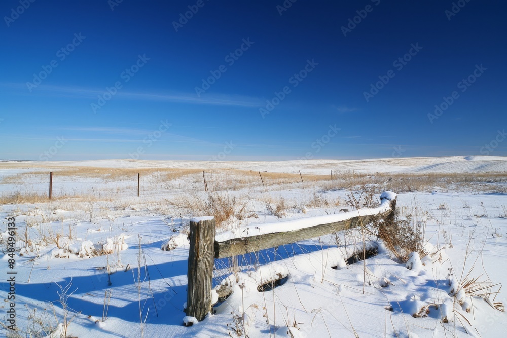 A snow-covered prairie with scattered, low grasses and wildflowers in the foreground under a deep blue sky. In front of it is an old wooden fence covered in fresh white powder snow A snow-covered prairie with scattered, low grasses and wildflowers in the foreground under a deep blue sky. In front of it is an old wooden fence covered in fresh white powder snow