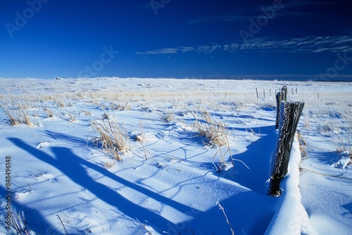 A snow-covered prairie with scattered, low grasses and wildflowers in the foreground under a deep blue sky. In front of it is an old wooden fence covered in fresh white powder snow