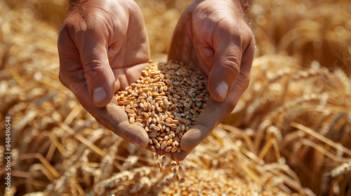 The hands of a farmer close up pour a handful of wheat grains in a wheat field 