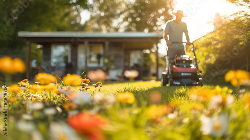 gardener mowing the grass with lawnmower in house garden