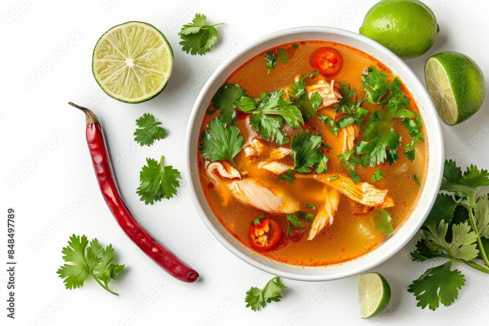 A serving of tom yum soup with chicken, white background A serving of tom yum soup with chicken, white background