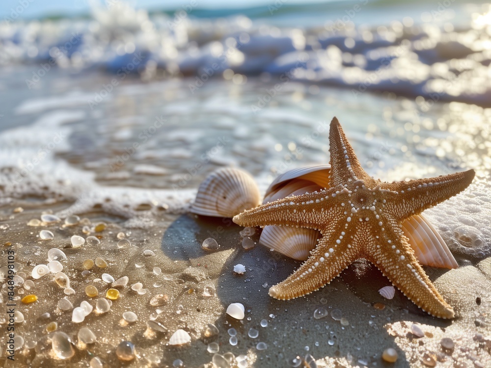 Landscape with starfish and shells washed up on a sparkling sandy beach Landscape with starfish and shells washed up on a sparkling sandy beach