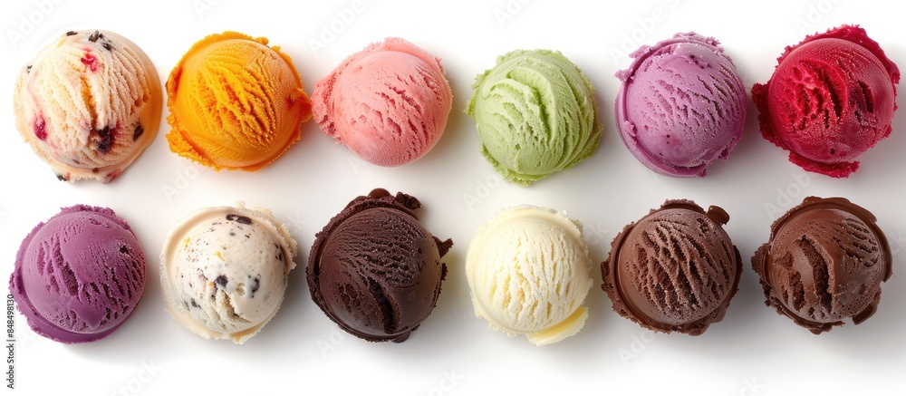 Ice cream scoops of different flavors served on a white background Ice cream scoops of different flavors served on a white background