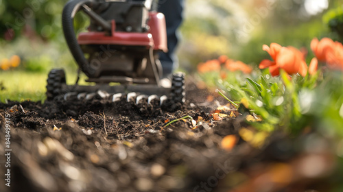 Wallpaper Mural a gardener using scarifier in the garden mowing the grass Torontodigital.ca