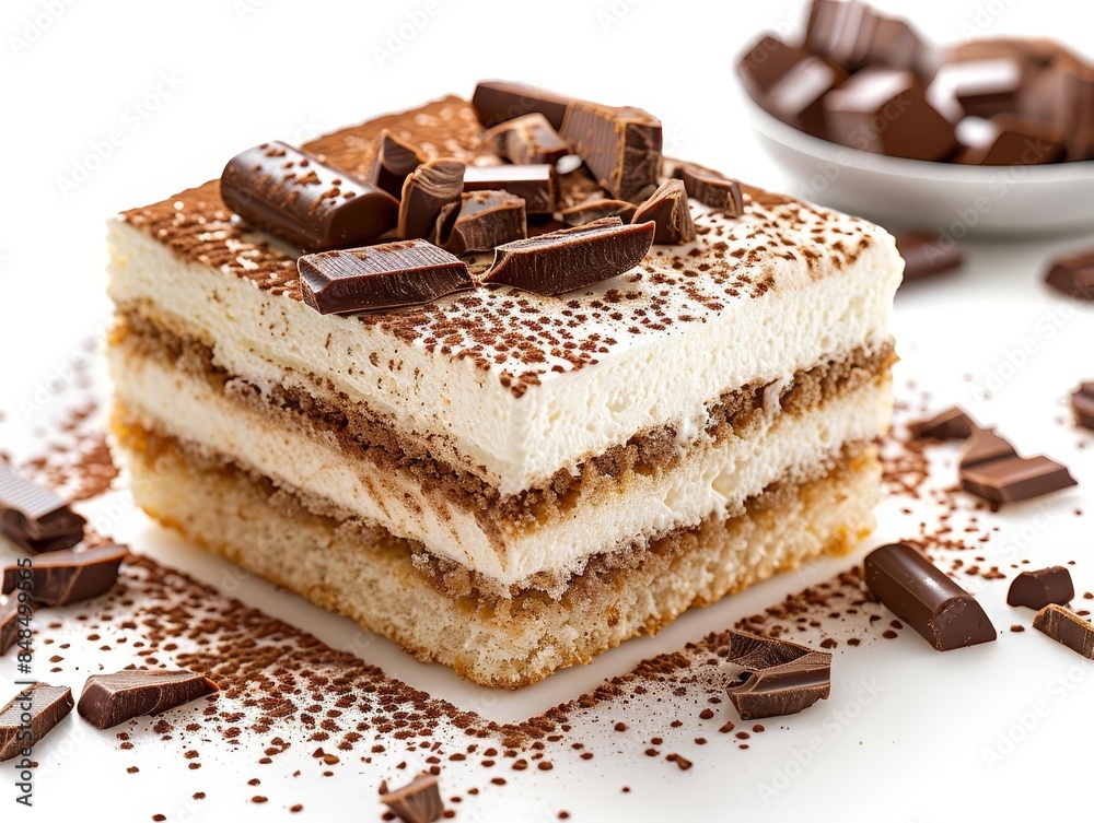 A classic tiramisu dessert with layers of espressosoaked ladyfingers, white background A classic tiramisu dessert with layers of espressosoaked ladyfingers, white background