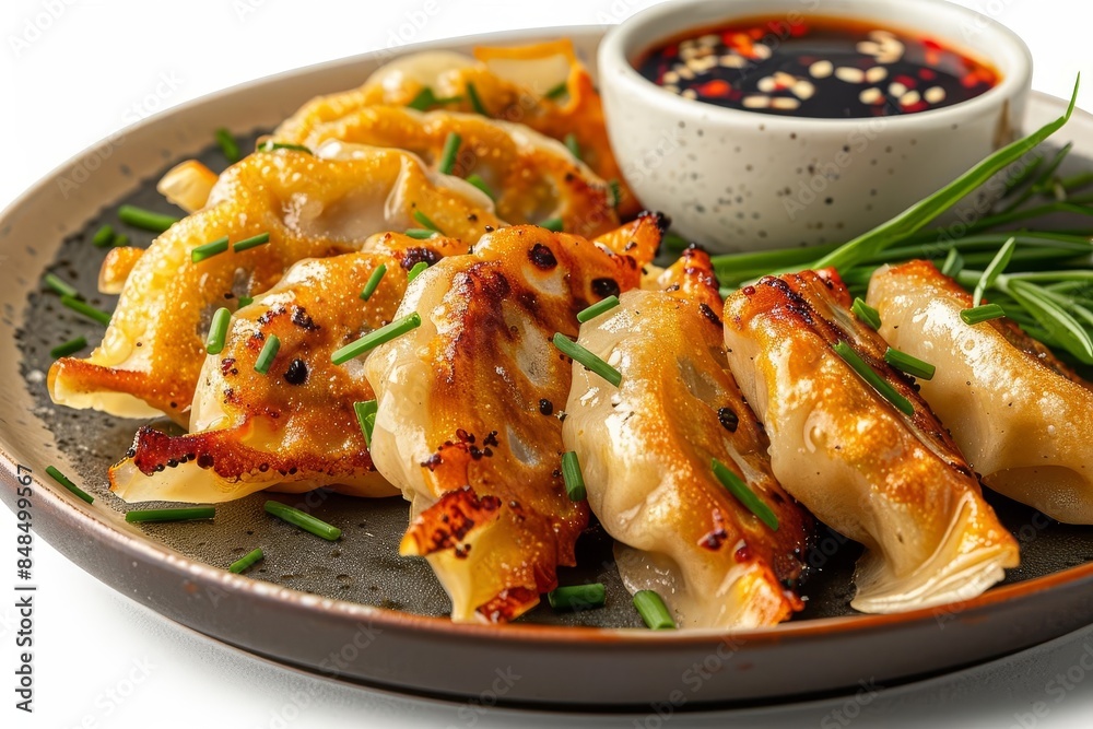 A serving of panfried dumplings with crispy bottoms, white background A serving of panfried dumplings with crispy bottoms, white background