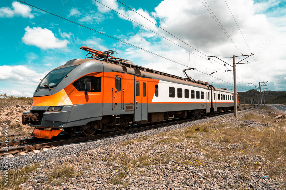 red train on railway track in nature, travel concept red train on railway track in nature, travel concept