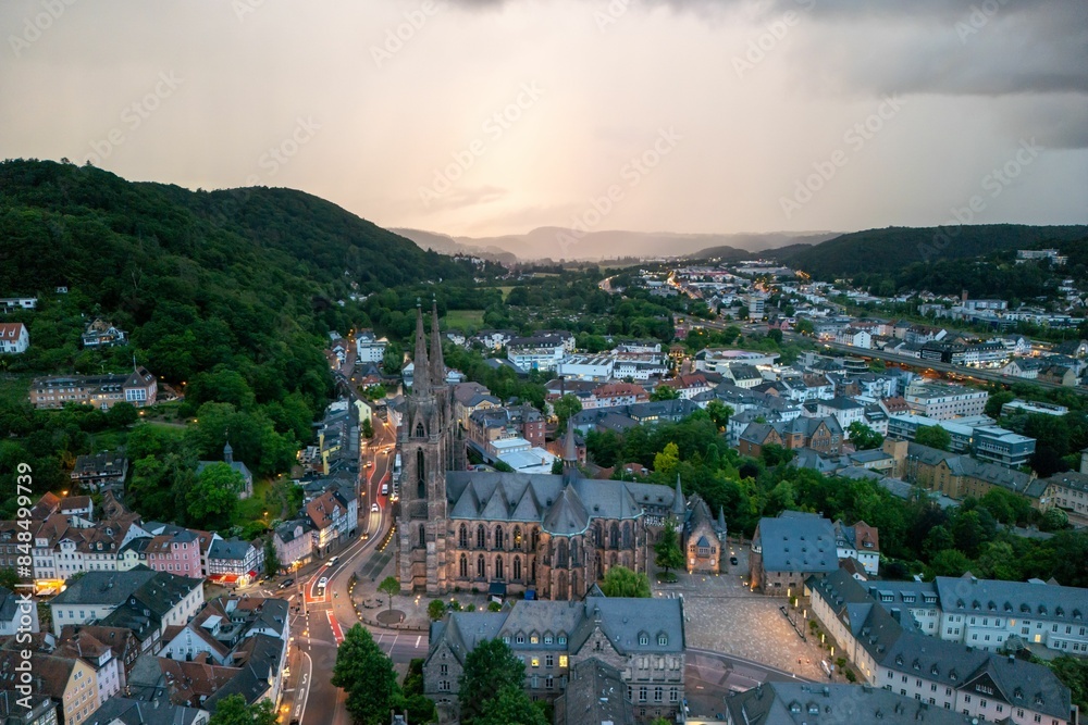 Fototapeta premium Aerial view of Wetzlar, Germany, withe the Elizabeth Church and town at dawn