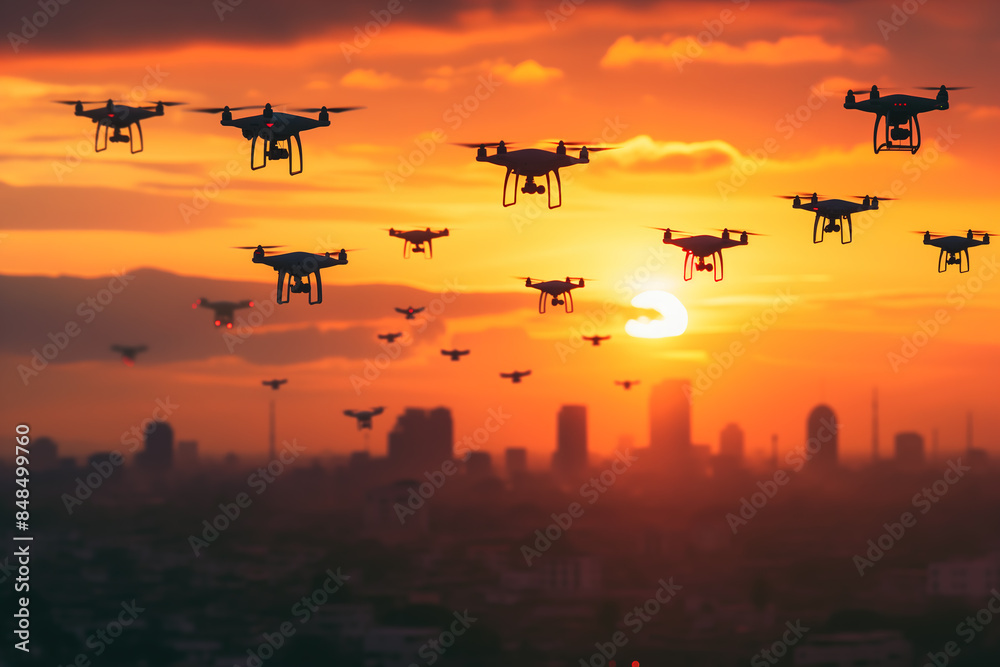 many drones flying into the sunset