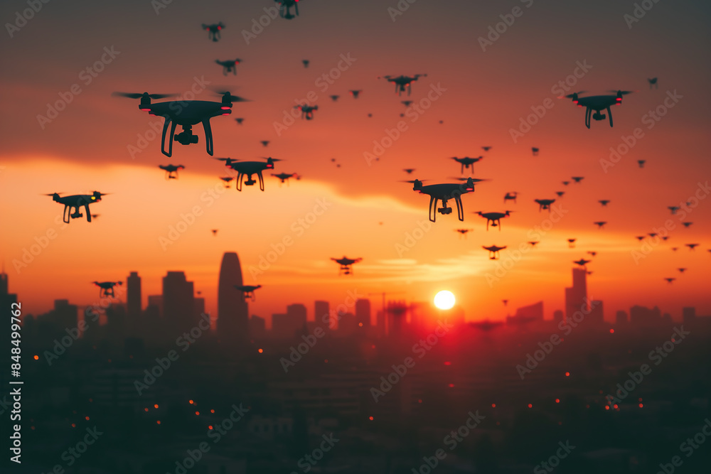 many drones flying above the city into the sunset many drones flying above the city into the sunset