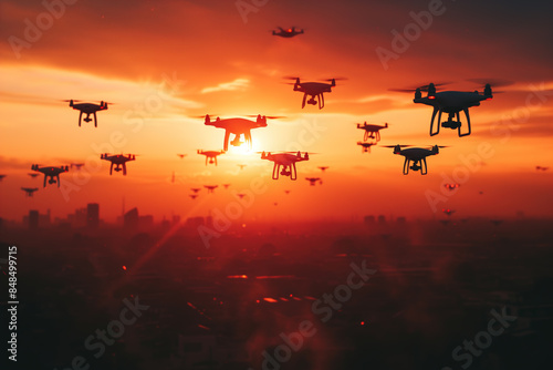 many drones flying above the city into the sunset