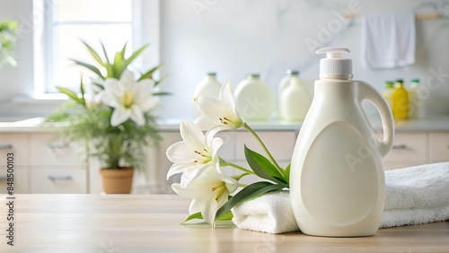 fabric softener stands on the table next to white lily flowers in the background of the bathroom 