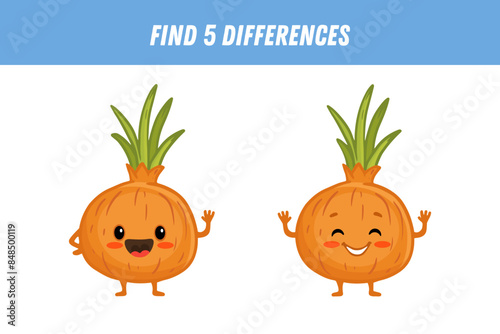 Find 5 differences between two pictures of cute onion. Cartoon onion with arms and legs. Vector illustration