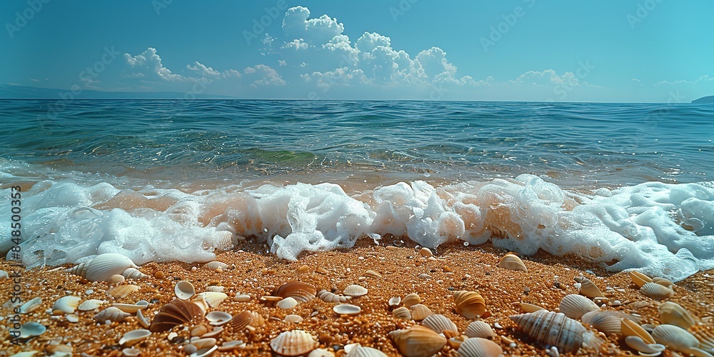 Sea water, sand and sea shells as background. Summer beach. Summer background.