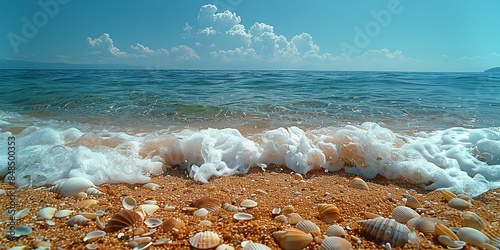 Obraz na płótnie Sea water, sand and sea shells as background. Summer beach. Summer background. w salonie