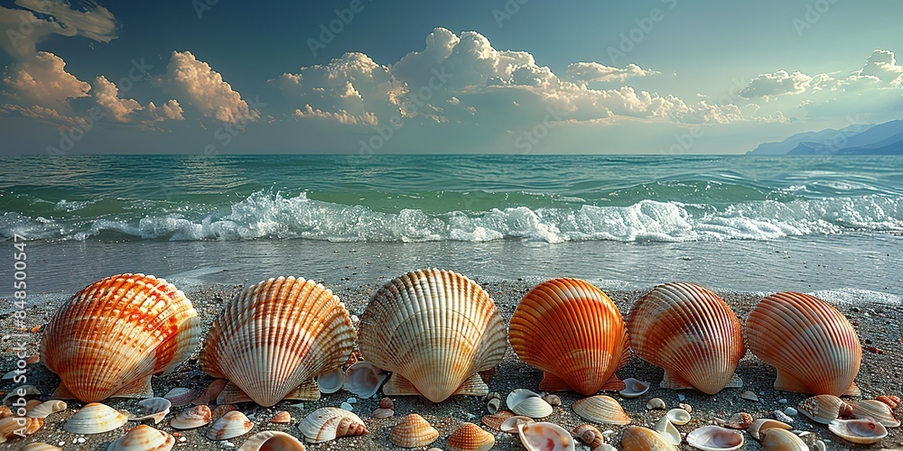 Sea water, sand and sea shells as background. Summer beach. Summer background.