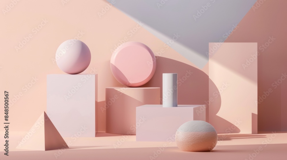 A pink and white background with a variety of shapes and sizes of objects A pink and white background with a variety of shapes and sizes of objects