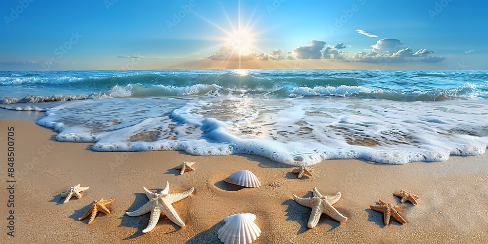 Sea water, sand and sea shells as background. Summer beach. Summer background.