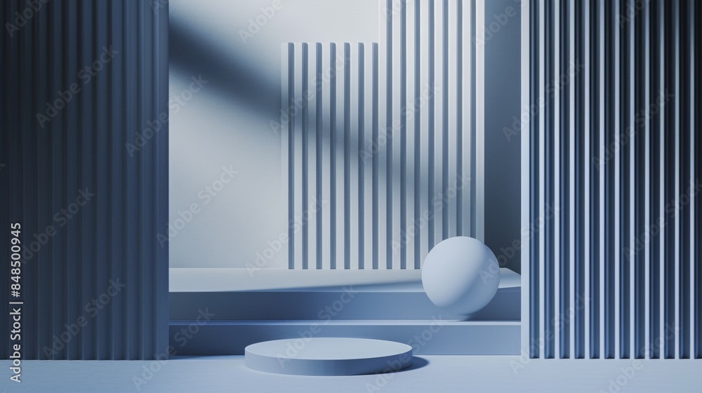 A blue and white room with a white ball on the floor A blue and white room with a white ball on the floor