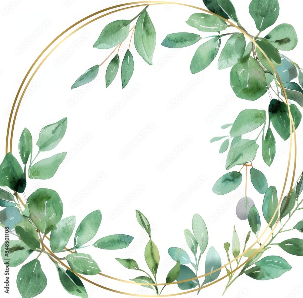 Fototapeta premium Watercolor sage green leaves and gold geometric frame border 