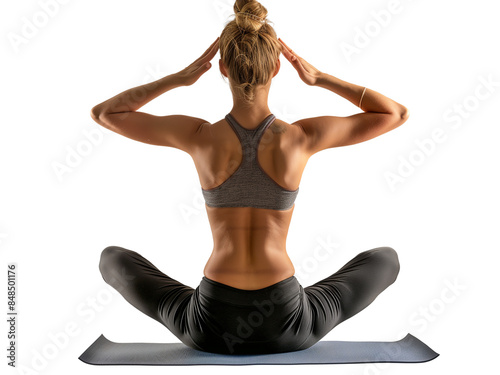floated back view of young woman doing yoga with mat in the air, isolate on transparency background.