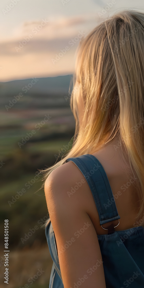 blonde woman in the field watching the sunset blonde woman in the field watching the sunset