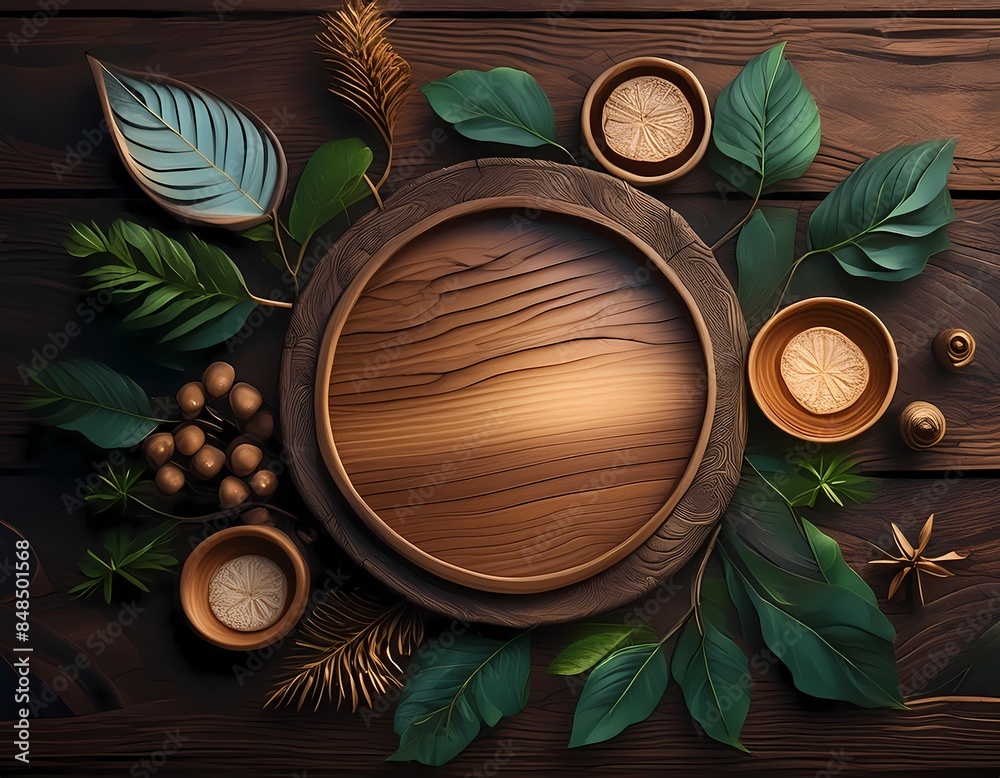 Empty wooden plate on table with spices illustration. Generative AI image Empty wooden plate on table with spices illustration. Generative AI image