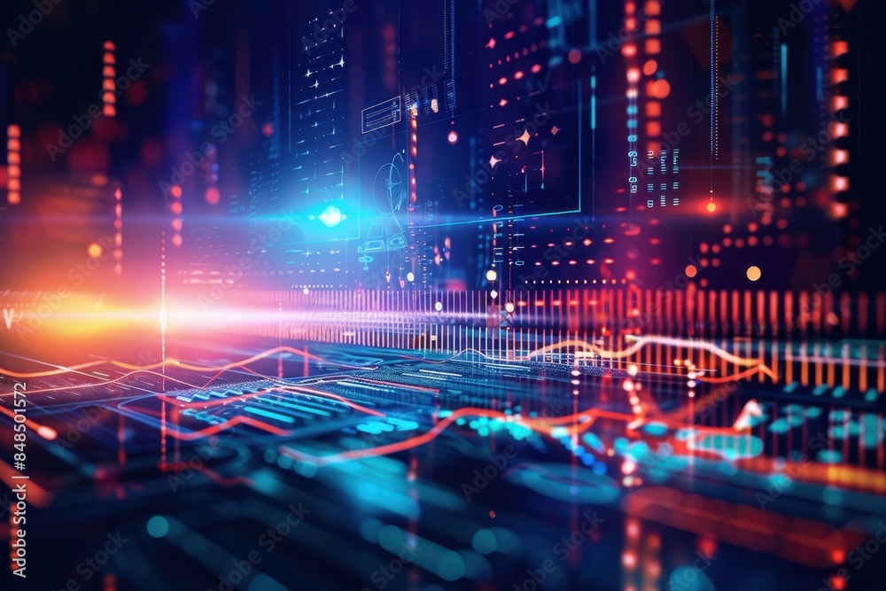 Abstract digital sound wave and music equalizer on dark background with circuit board, electronic equipment and technology concept Generative AI