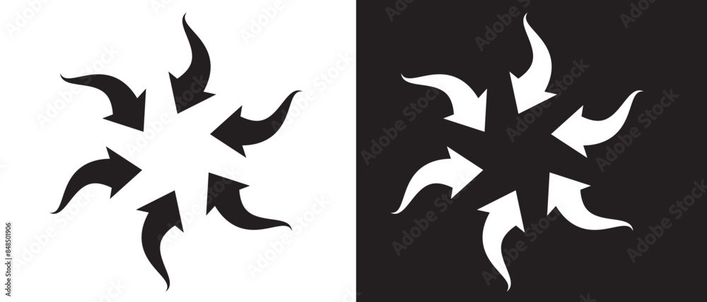 Inward arrows silhouette shape icon. Radial inward arrow icon set. Arrow pointing center vector on white and black background. vector illustration. Inward arrows silhouette shape icon. Radial inward arrow icon set. Arrow pointing center vector on white and black background. vector illustration.