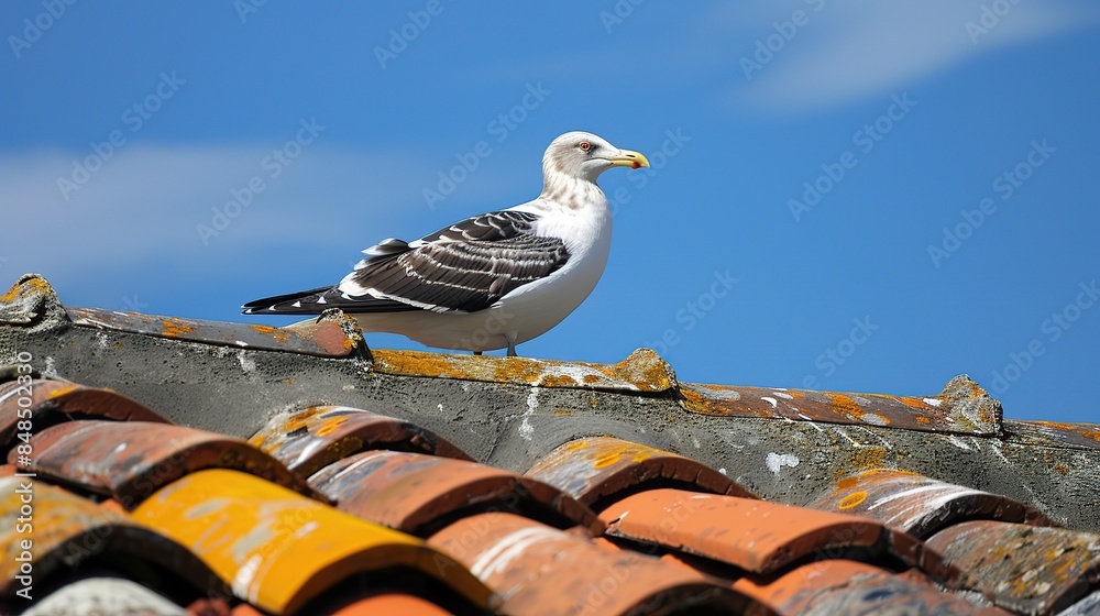 seagull sitting on a roof with a blue sky background . Generative Ai seagull sitting on a roof with a blue sky background . Generative Ai
