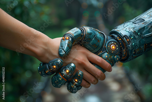 Close-up of two arms shaking hands, that of a woman and that of a robot. Alliance of people with artificial intelligence.