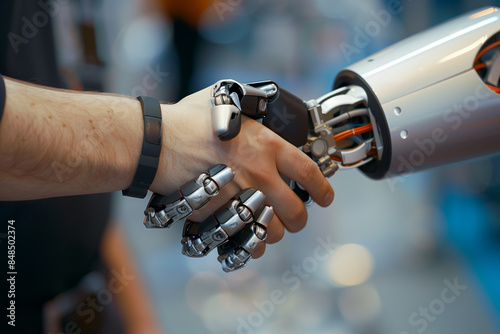 Human and robot shake hands. Artificial intelligence at work. Productivity in industry with new technologies.
