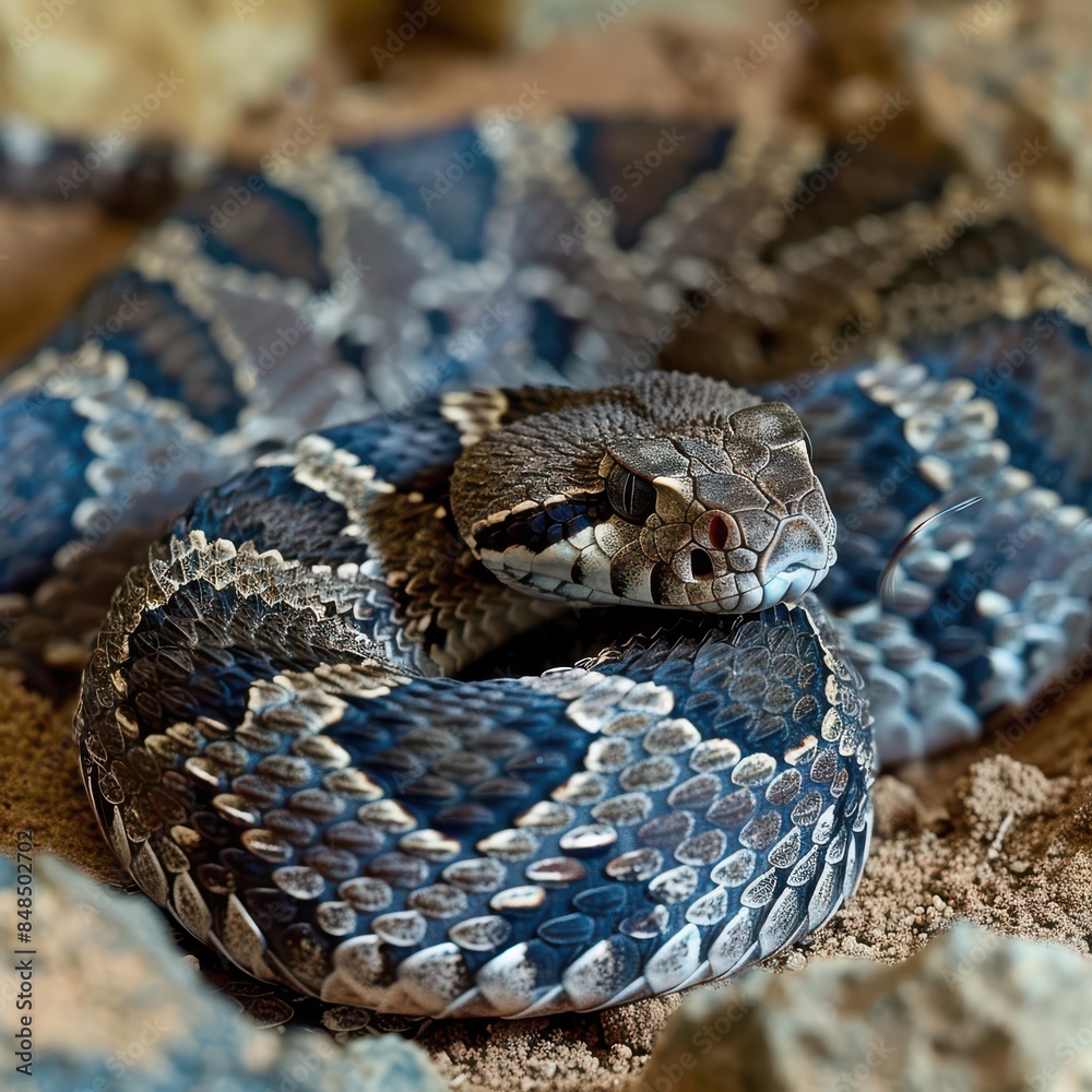 A Vividly Colored Rattlesnake Coiled in Defense in its Natural Habitat, Showcasing its Intricate Scale Patterns and Stealthy Stance A Vividly Colored Rattlesnake Coiled in Defense in its Natural Habitat, Showcasing its Intricate Scale Patterns and Stealthy Stance