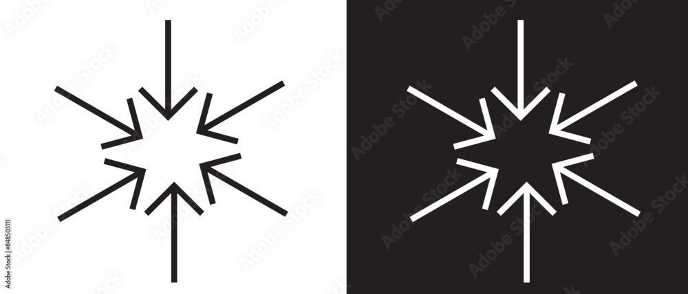 Inward arrows silhouette shape icon. Radial inward arrow icon set. Arrow pointing center vector on white and black background. vector illustration. Inward arrows silhouette shape icon. Radial inward arrow icon set. Arrow pointing center vector on white and black background. vector illustration.