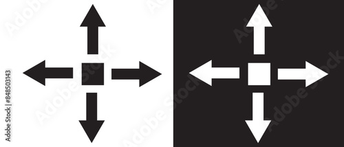 Inward arrows silhouette shape icon.  Radial inward arrow icon set. Arrow pointing center vector on white and black background. vector illustration.